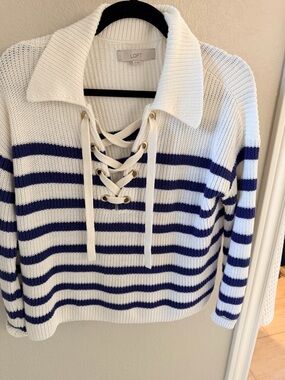 LOFT White and Navy Striped Lace-Up Collared Sweater